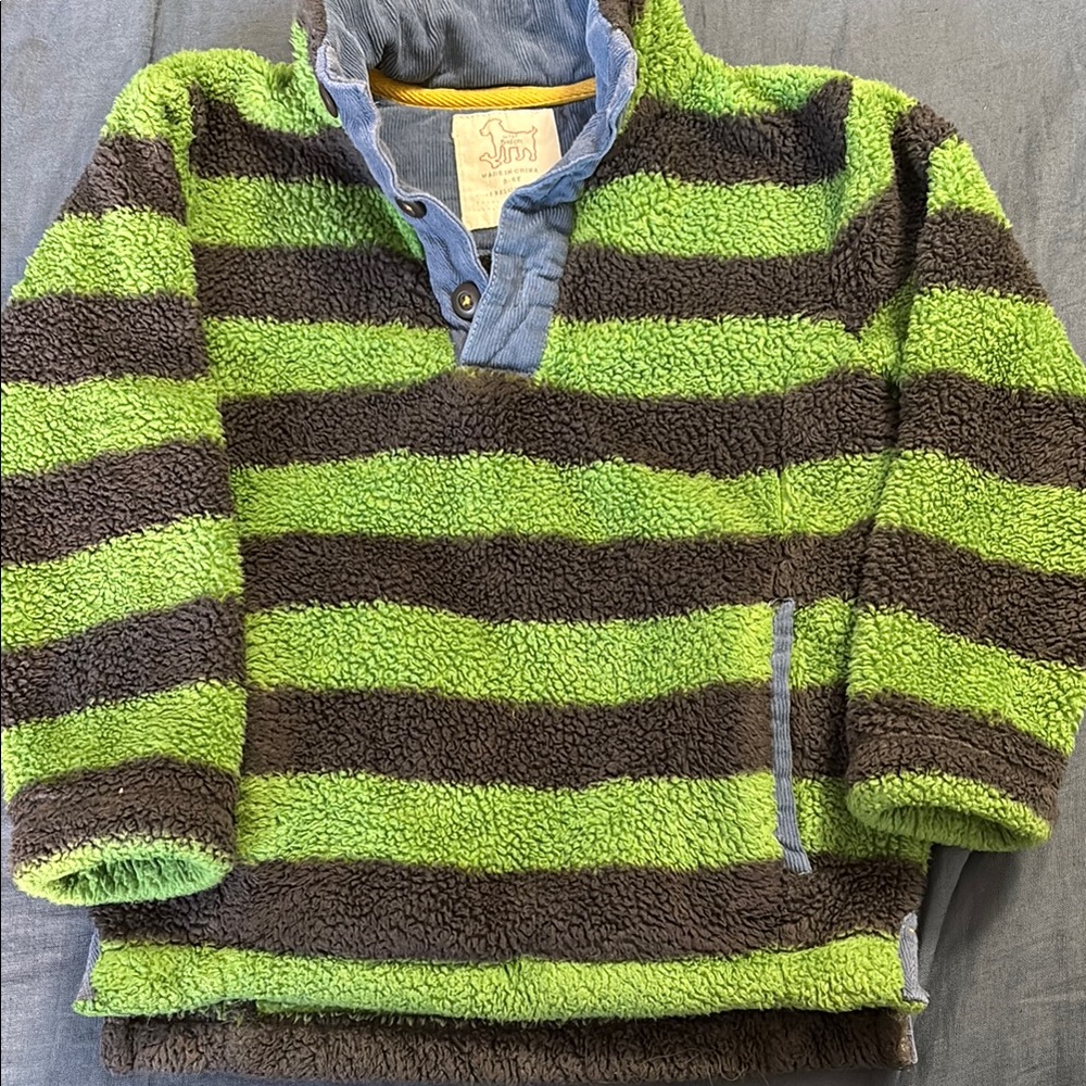 5-6 Boden Striped Green and navy Fleece Pullover